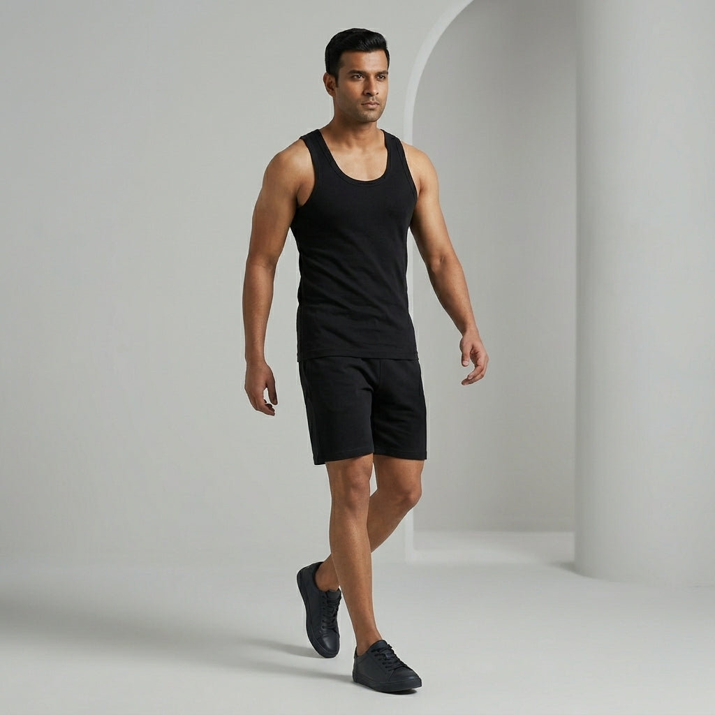 DORA Mens Cotton Rib Vest (Pack of 5)  | 100% Cotton Sleeveless Innerwear Baniyan | 1x1 Rib Fabric | Round Neck Fitted Vest | High Armhole Design | Breathable and Comfortable Black