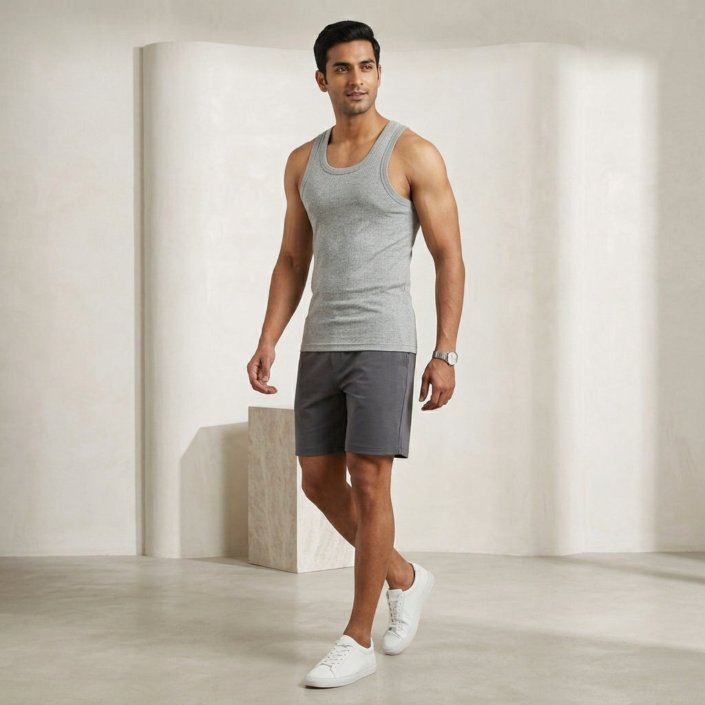 DORA Mens Cotton Rib Vest (Pack of 5)  | 100% Cotton Sleeveless Innerwear Baniyan | 1x1 Rib Fabric | Round Neck Fitted Vest | High Armhole Design | Breathable and Comfortable Greymelange