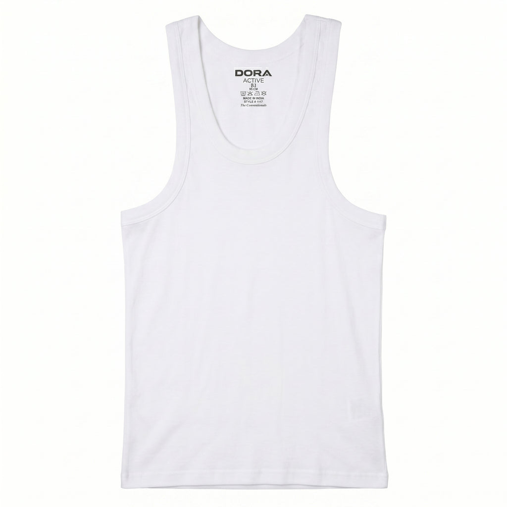 DORA Mens Cotton Rib Vest (Pack of 5)  | 100% Cotton Sleeveless Innerwear Baniyan | 1x1 Rib Fabric | Round Neck Fitted Vest | High Armhole Design | Breathable and Comfortable White